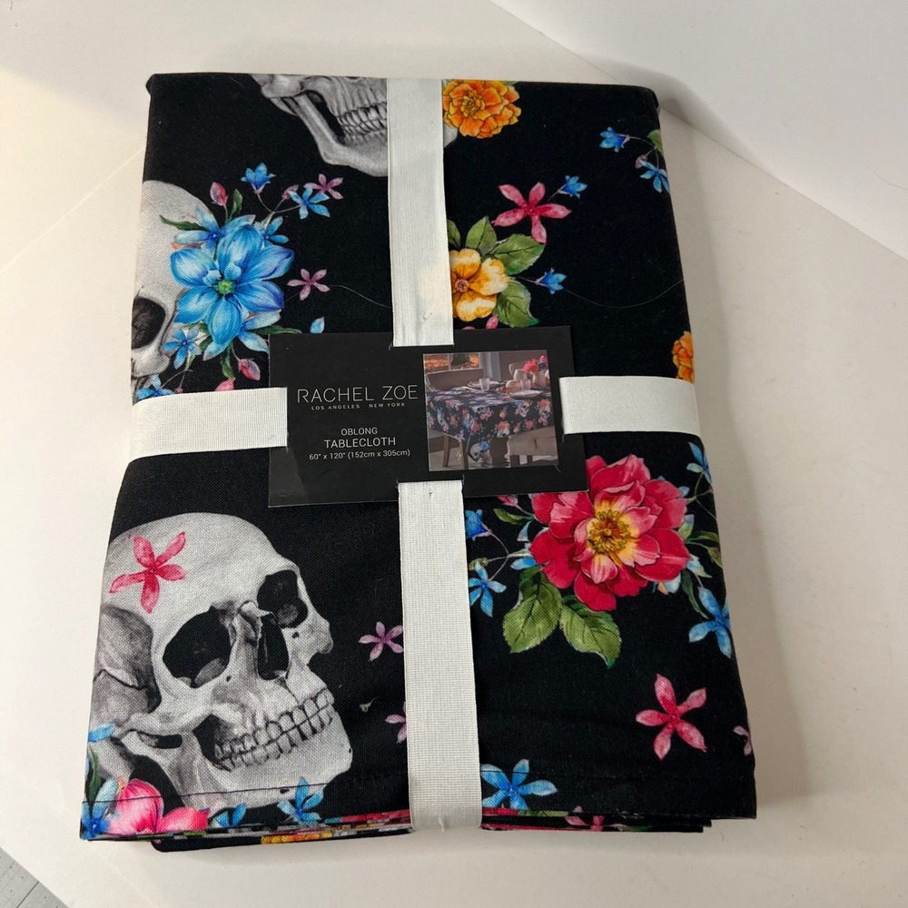 Rachel Zoe Oblong Tablecloth 60 x 120" Black Skulls Flowers Halloween Goth